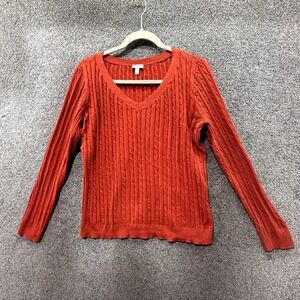Talbots Pullover Sweater Women Large Orange V Neck Cable Knit Cotton